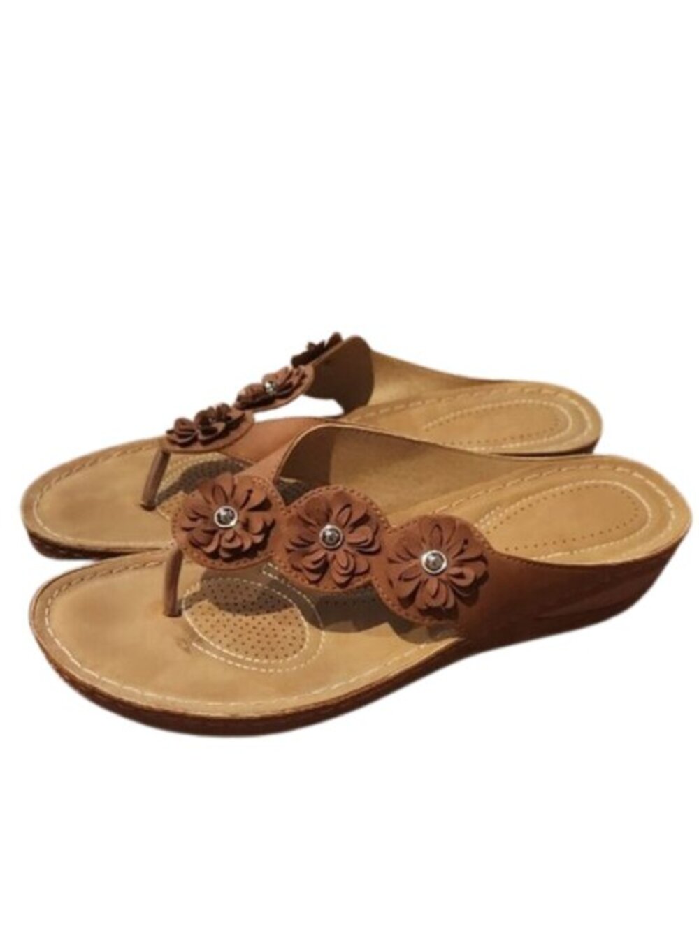 Women's Brown Floral Wedge Thong Sandals